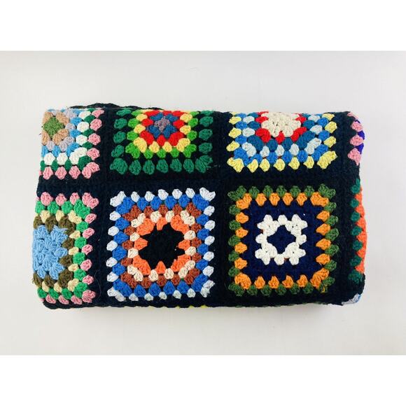 Vintage Hand Crochet Afghan Throw Granny Squares Retro Black Rainbow 70s Cottage - Picture 9 of 11